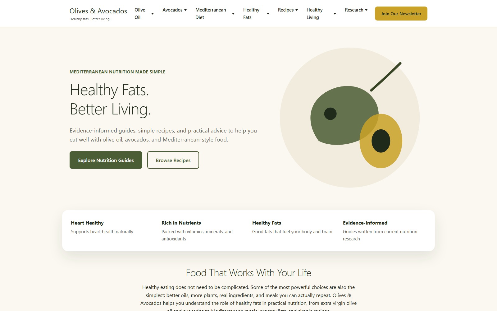 OlivesNAvocados.com website homepage snapshot